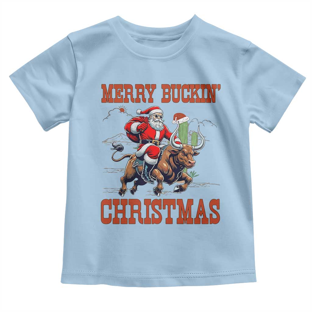 Western Black Santa Merry Buckin Christmas Toddler T Shirt Funny Rodeo TS12 Light Blue Print Your Wear