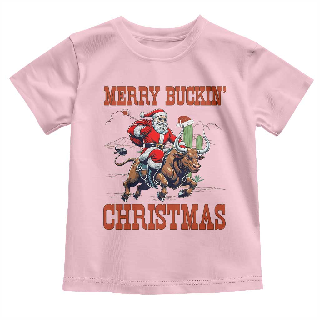 Western Black Santa Merry Buckin Christmas Toddler T Shirt Funny Rodeo TS12 Light Pink Print Your Wear