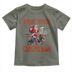 Western Black Santa Merry Buckin Christmas Toddler T Shirt Funny Rodeo TS12 Military Green Print Your Wear