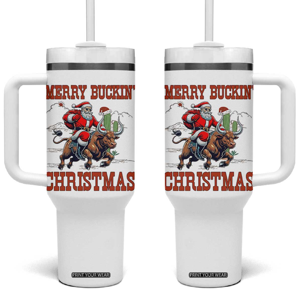 Western Black Santa Merry Buckin Christmas Tumbler With Handle Funny Rodeo TS12 One Size: 40 oz White Print Your Wear