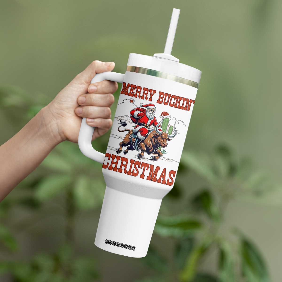 Western Black Santa Merry Buckin Christmas Tumbler With Handle Funny Rodeo TS12 Print Your Wear