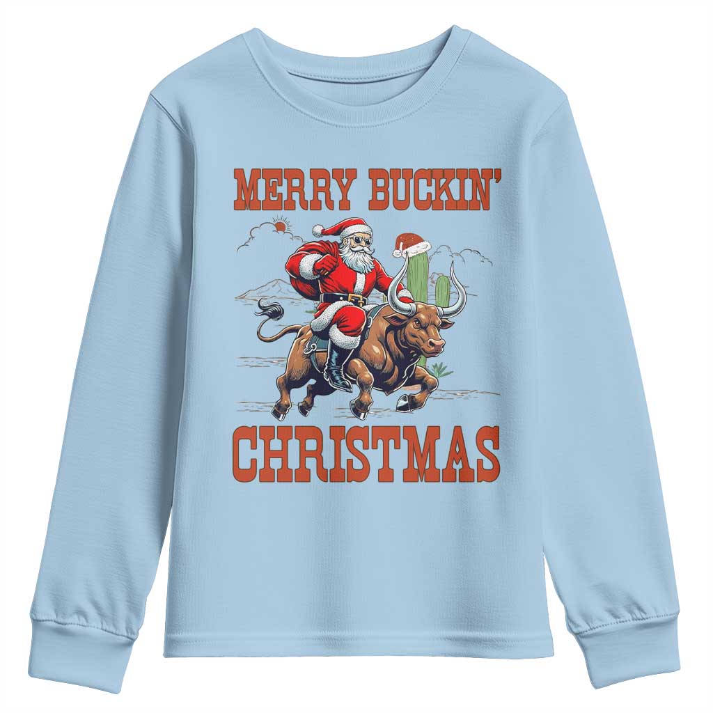 Western Black Santa Merry Buckin Christmas Youth Sweatshirt Funny Rodeo TS12 Light Blue Print Your Wear
