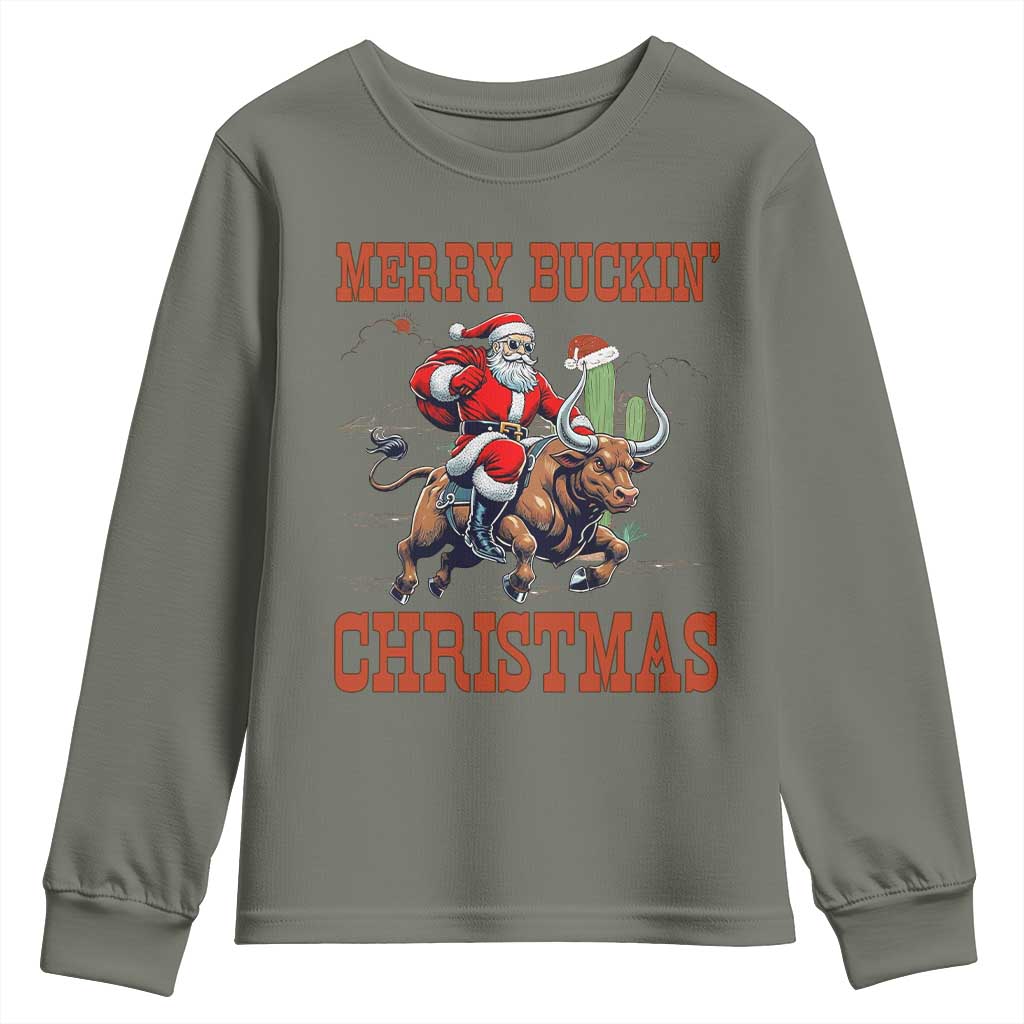 Western Black Santa Merry Buckin Christmas Youth Sweatshirt Funny Rodeo TS12 Military Green Print Your Wear