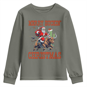 Western Black Santa Merry Buckin Christmas Youth Sweatshirt Funny Rodeo TS12 Military Green Print Your Wear