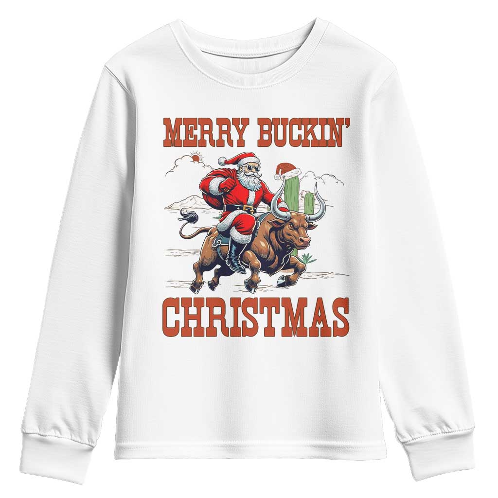 Western Black Santa Merry Buckin Christmas Youth Sweatshirt Funny Rodeo TS12 White Print Your Wear