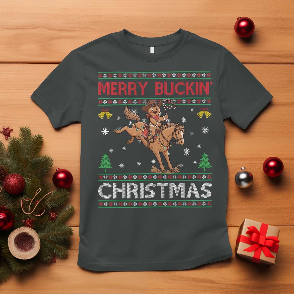 Funny Gingerbread Man Horse Rider T Shirt Merry Buckin Christmas Gift TS12 Dark Heather Print Your Wear