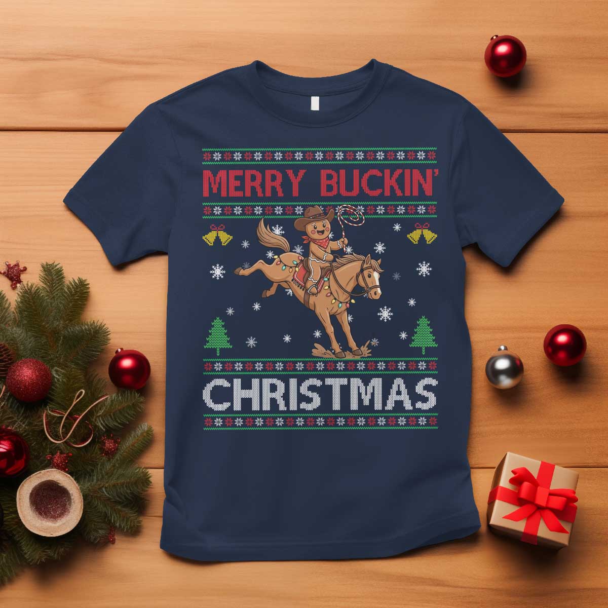 Funny Gingerbread Man Horse Rider T Shirt Merry Buckin Christmas Gift TS12 Navy Print Your Wear