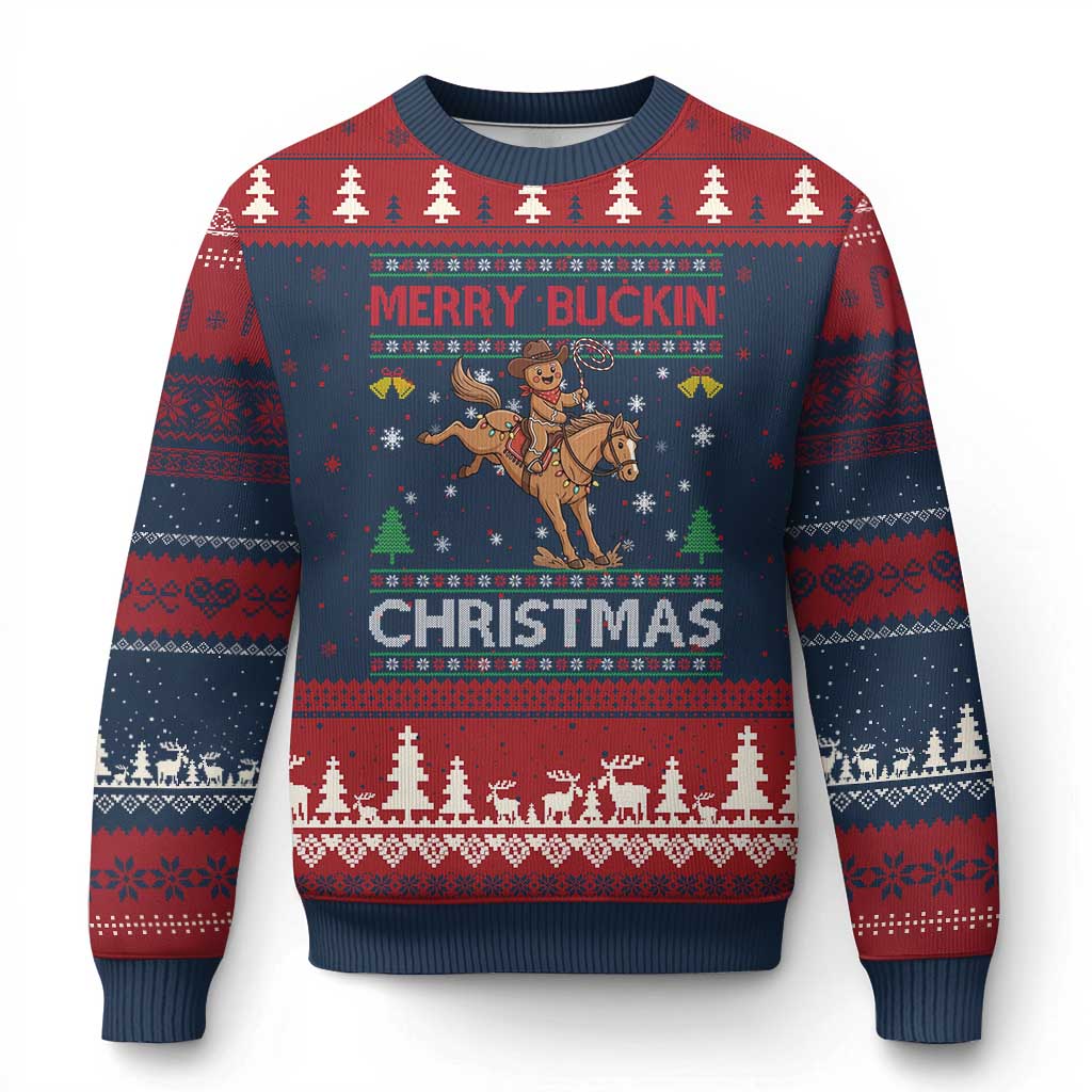 Funny Gingerbread Man Horse Rider Ugly Christmas Sweater Merry Buckin Xmas Gift TS12 Navy Red Print Your Wear