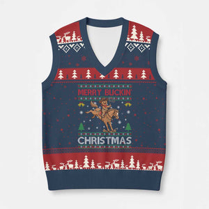 Funny Gingerbread Man Horse Rider V-Neck Knit Sweater Vest Merry Buckin Xmas Gift TS12 Navy Red Print Your Wear