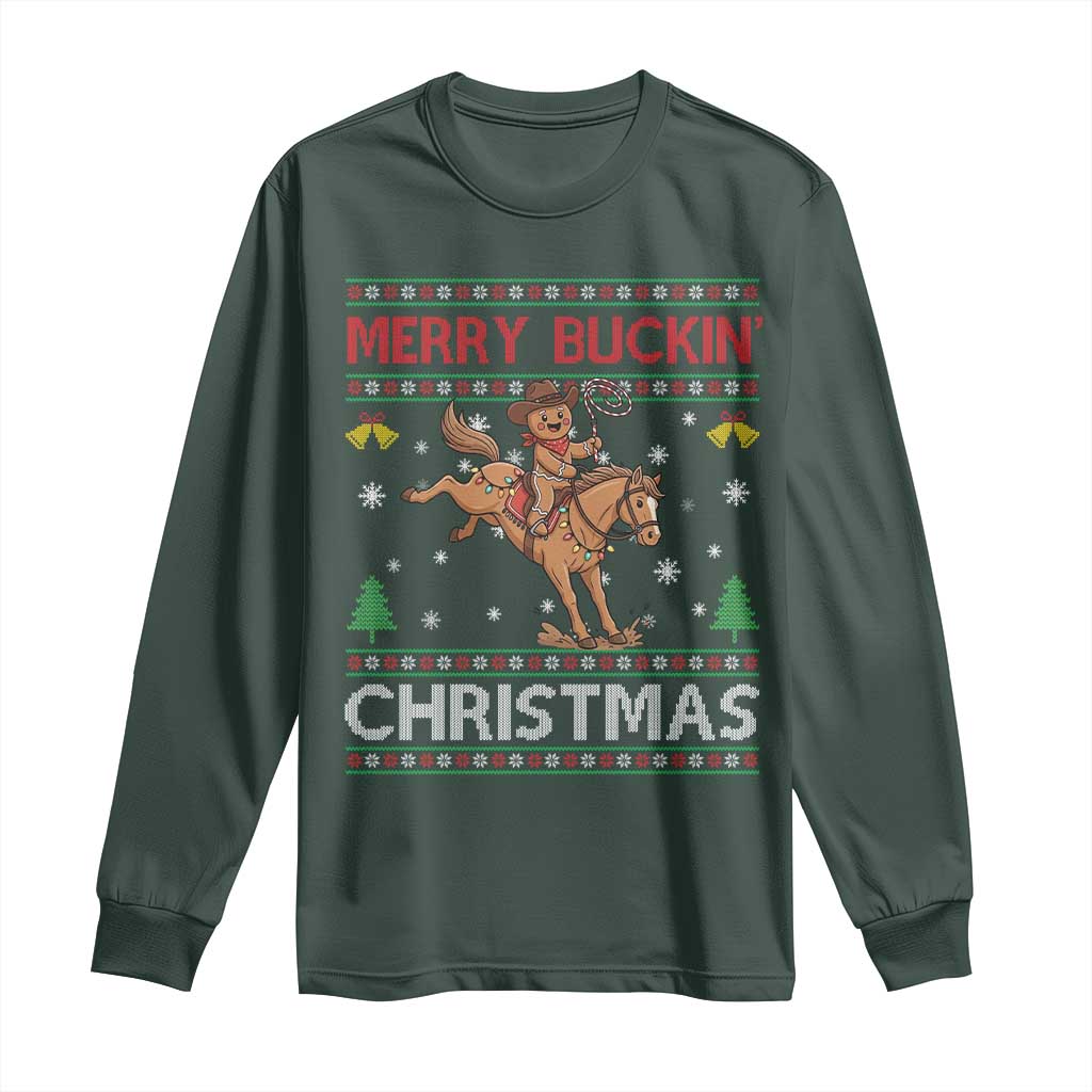 Funny Gingerbread Man Horse Rider Long Sleeve Shirt Merry Buckin Christmas Gift TS12 Dark Forest Green Print Your Wear