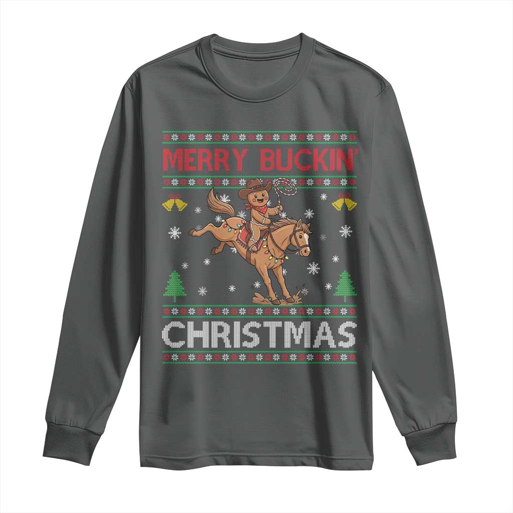 Funny Gingerbread Man Horse Rider Long Sleeve Shirt Merry Buckin Christmas Gift TS12 Dark Heather Print Your Wear