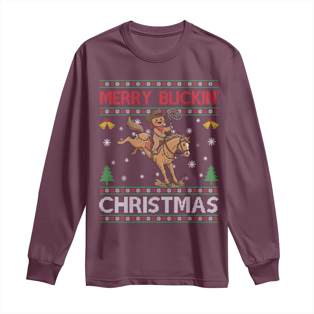 Funny Gingerbread Man Horse Rider Long Sleeve Shirt Merry Buckin Christmas Gift TS12 Maroon Print Your Wear