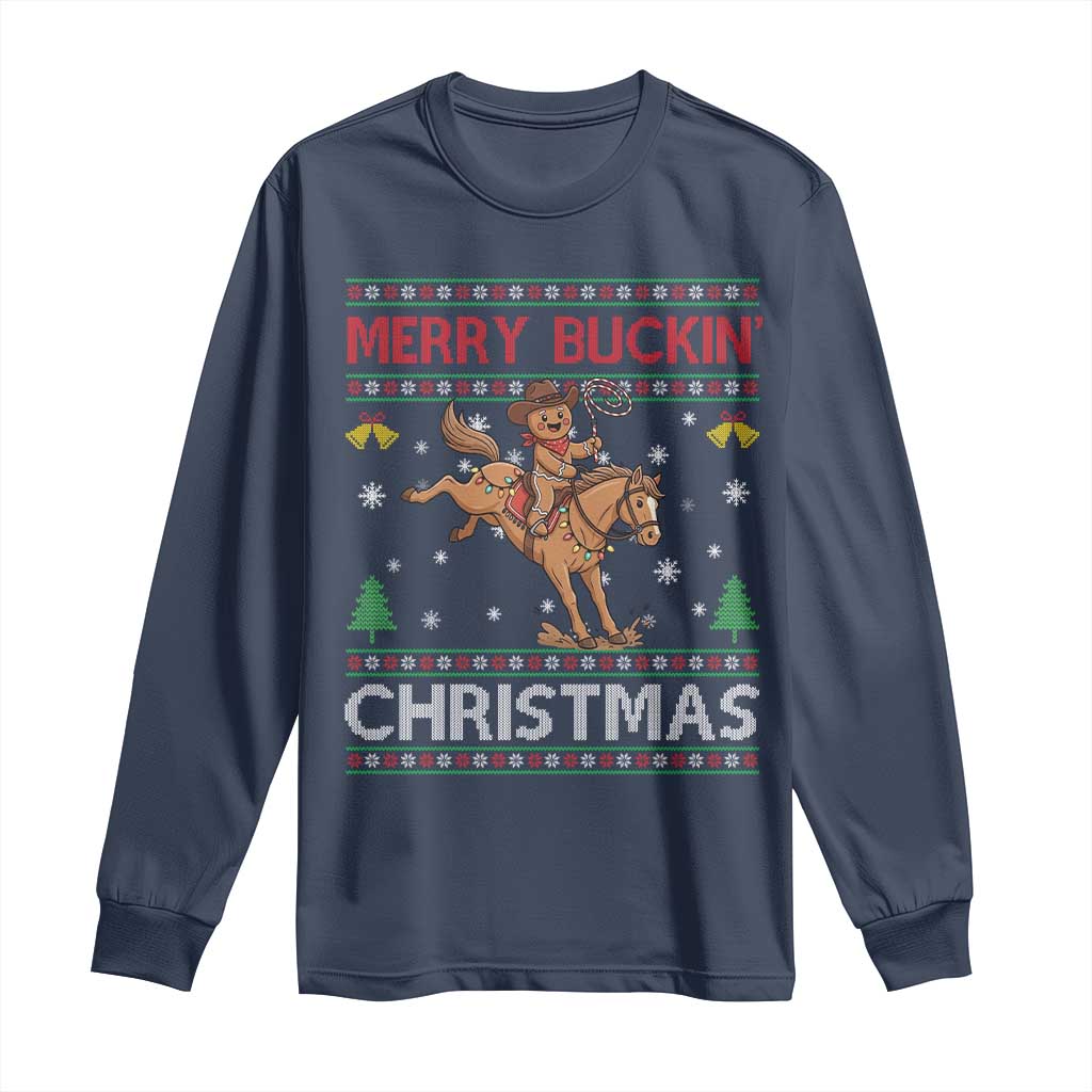 Funny Gingerbread Man Horse Rider Long Sleeve Shirt Merry Buckin Christmas Gift TS12 Navy Print Your Wear