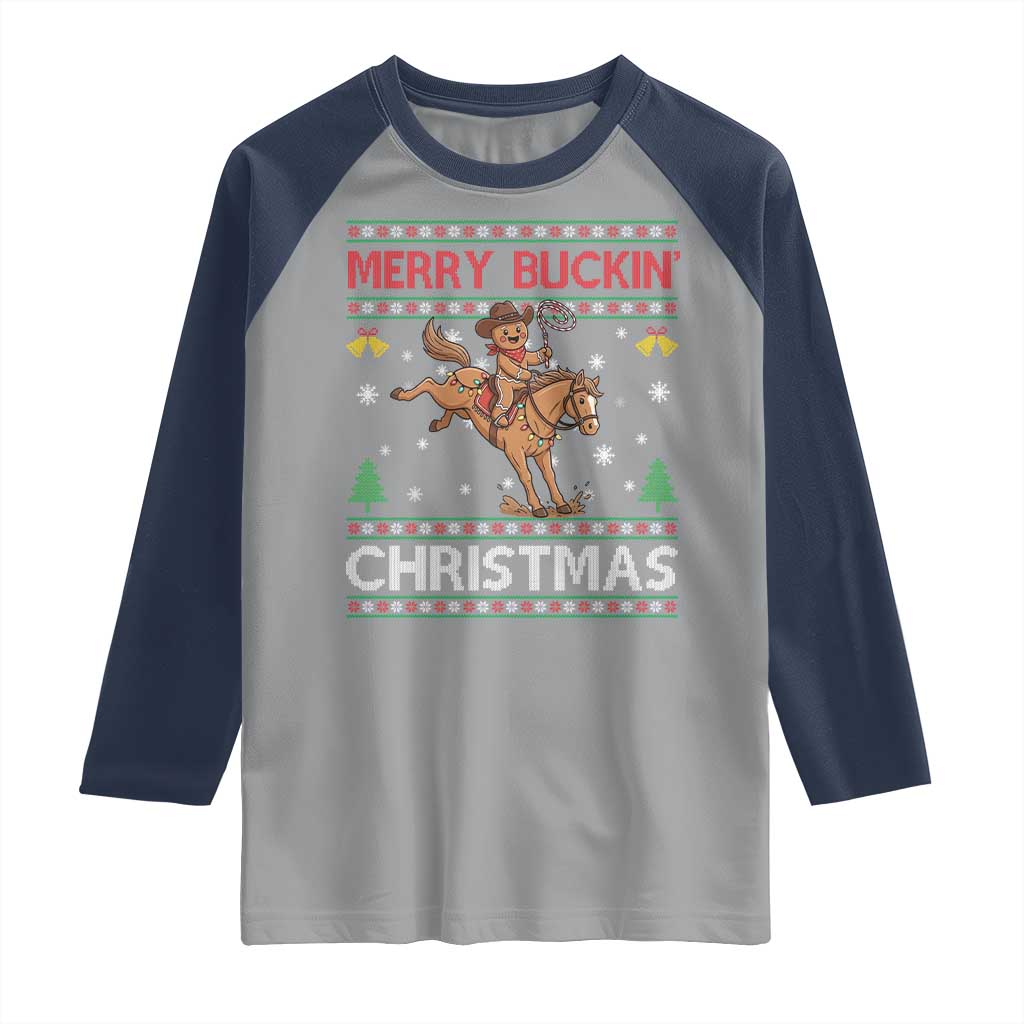 Funny Gingerbread Man Horse Rider Raglan Shirt Merry Buckin Christmas Gift TS12 Sport Gray Navy Print Your Wear