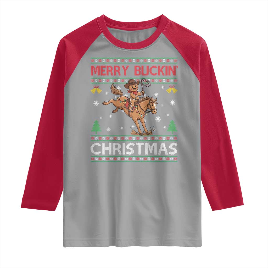 Funny Gingerbread Man Horse Rider Raglan Shirt Merry Buckin Christmas Gift TS12 Sport Gray Red Print Your Wear