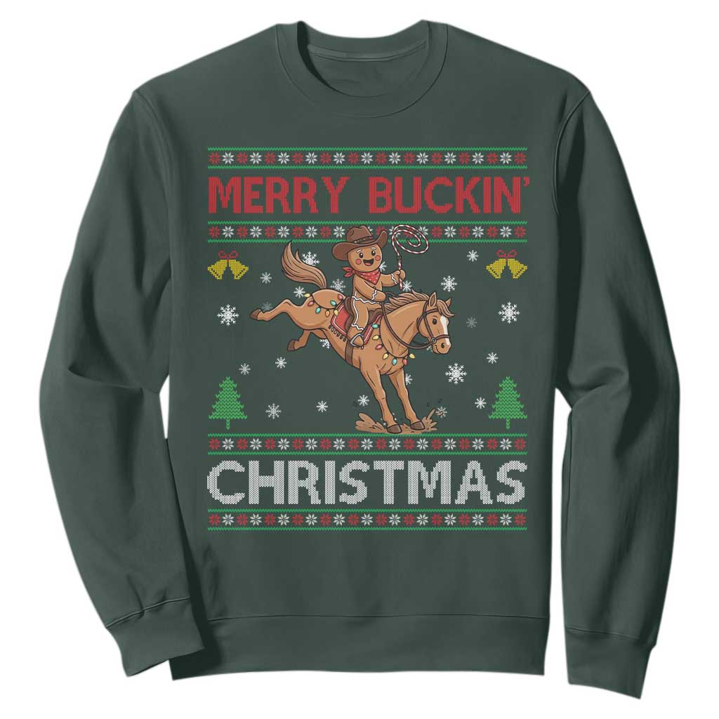 Funny Gingerbread Man Horse Rider Sweatshirt Merry Buckin Christmas Gift TS12 Dark Forest Green Print Your Wear