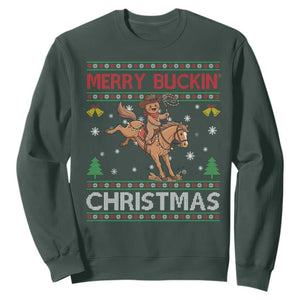 Funny Gingerbread Man Horse Rider Sweatshirt Merry Buckin Christmas Gift TS12 Dark Forest Green Print Your Wear