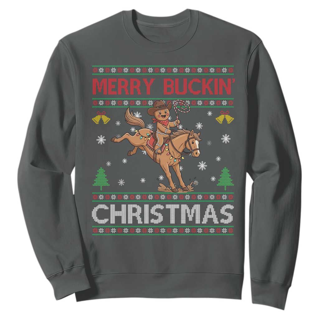 Funny Gingerbread Man Horse Rider Sweatshirt Merry Buckin Christmas Gift TS12 Dark Heather Print Your Wear