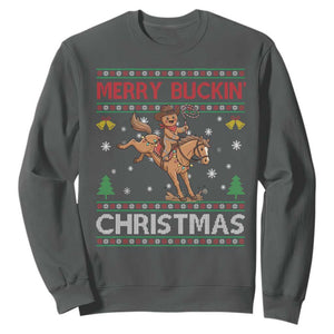 Funny Gingerbread Man Horse Rider Sweatshirt Merry Buckin Christmas Gift TS12 Dark Heather Print Your Wear