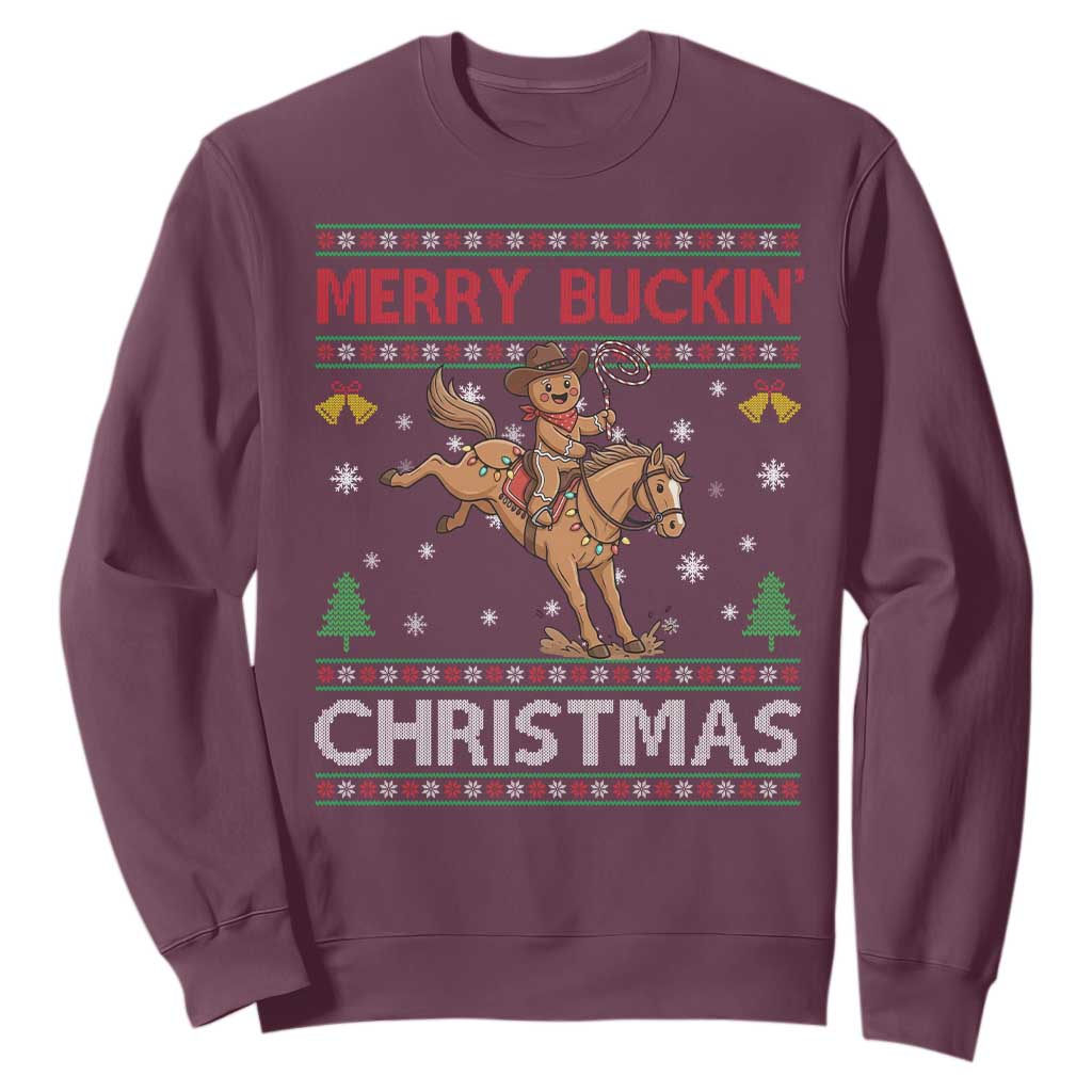 Funny Gingerbread Man Horse Rider Sweatshirt Merry Buckin Christmas Gift TS12 Maroon Print Your Wear