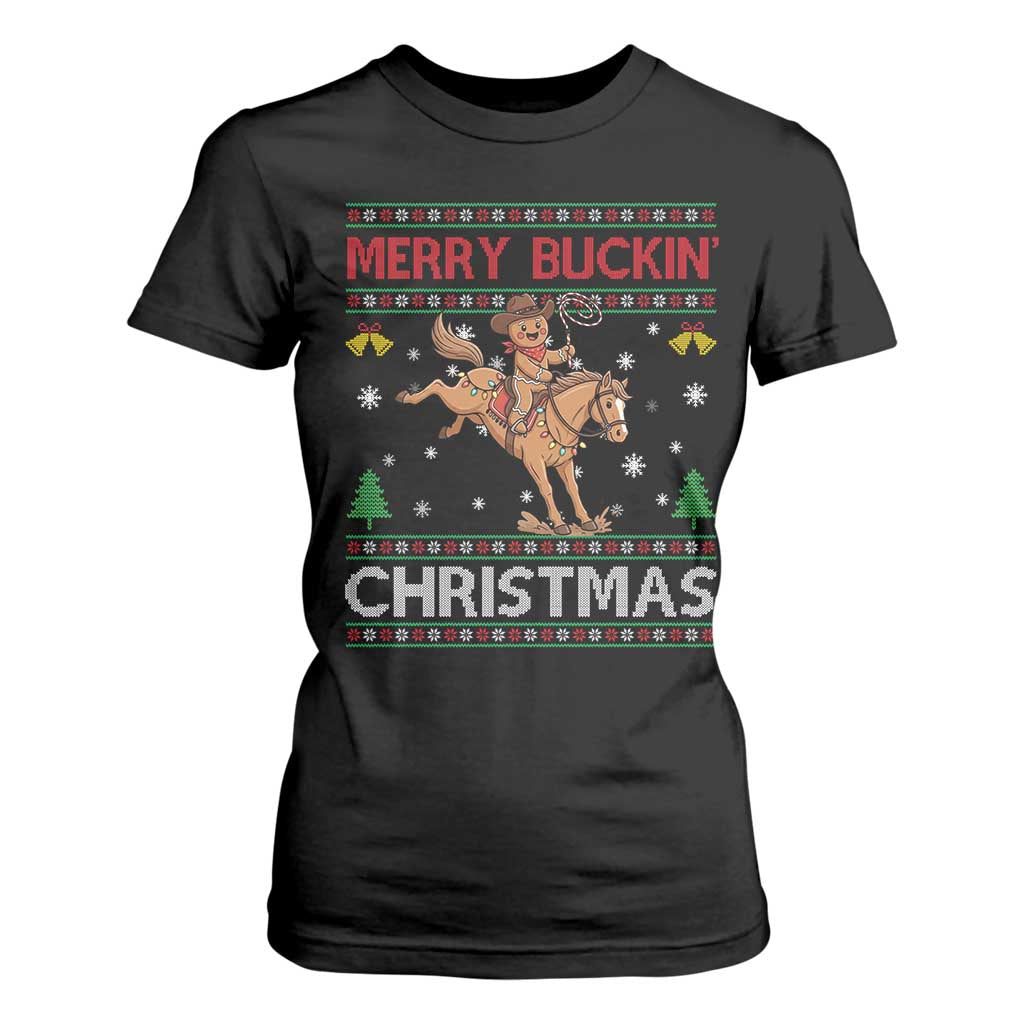 Funny Gingerbread Man Horse Rider T Shirt For Women Merry Buckin Christmas Gift TS12 Black Print Your Wear
