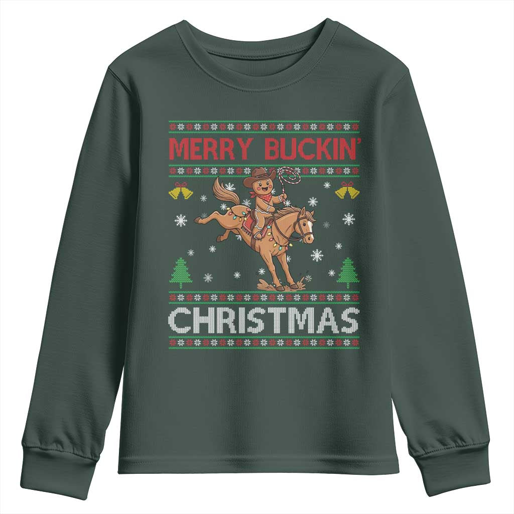 Funny Gingerbread Man Horse Rider Youth Sweatshirt Merry Buckin Christmas Gift TS12 Dark Forest Green Print Your Wear