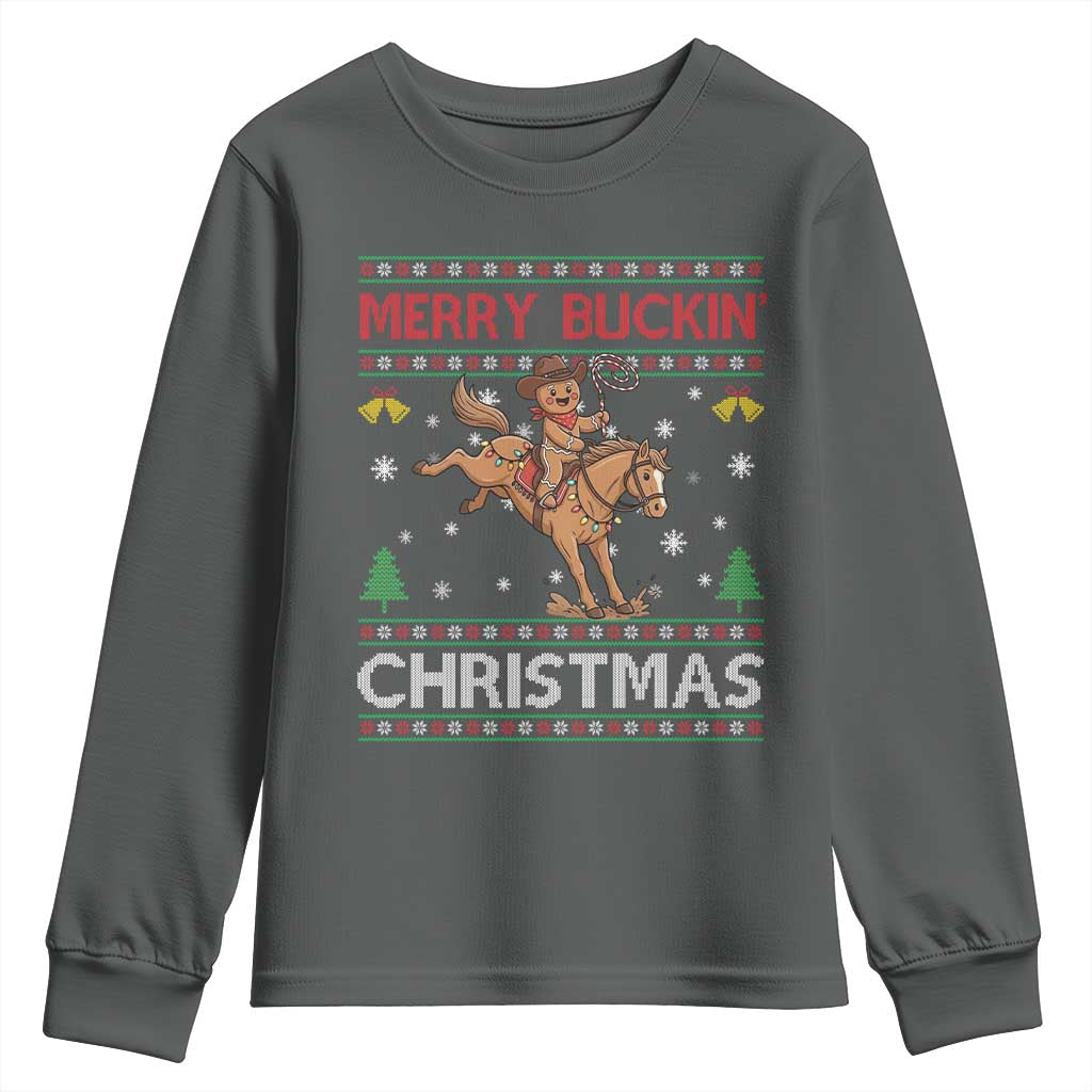 Funny Gingerbread Man Horse Rider Youth Sweatshirt Merry Buckin Christmas Gift TS12 Dark Heather Print Your Wear