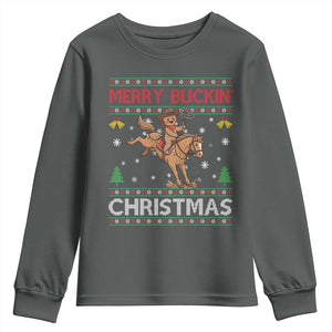 Funny Gingerbread Man Horse Rider Youth Sweatshirt Merry Buckin Christmas Gift TS12 Dark Heather Print Your Wear