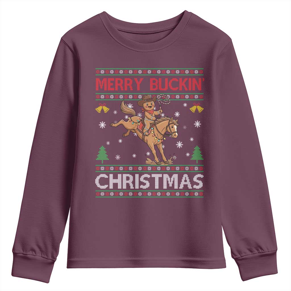 Funny Gingerbread Man Horse Rider Youth Sweatshirt Merry Buckin Christmas Gift TS12 Maroon Print Your Wear