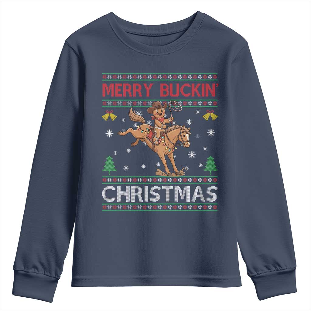 Funny Gingerbread Man Horse Rider Youth Sweatshirt Merry Buckin Christmas Gift TS12 Navy Print Your Wear
