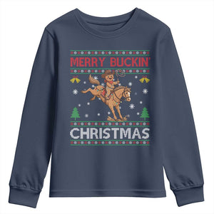 Funny Gingerbread Man Horse Rider Youth Sweatshirt Merry Buckin Christmas Gift TS12 Navy Print Your Wear
