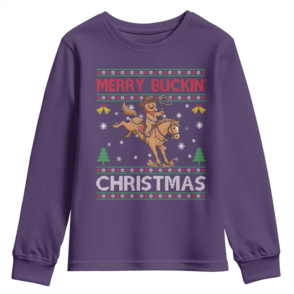 Funny Gingerbread Man Horse Rider Youth Sweatshirt Merry Buckin Christmas Gift TS12 Purple Print Your Wear
