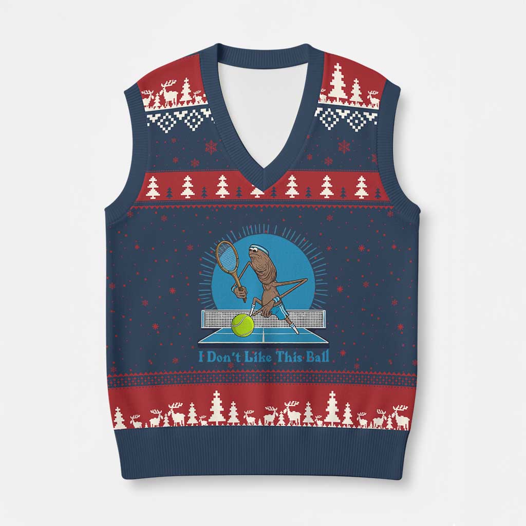 I Do Not Like This Ball V-Neck Knit Sweater Vest Funny Marcus The Worm Tennis Meme TS12 Navy Red Print Your Wear