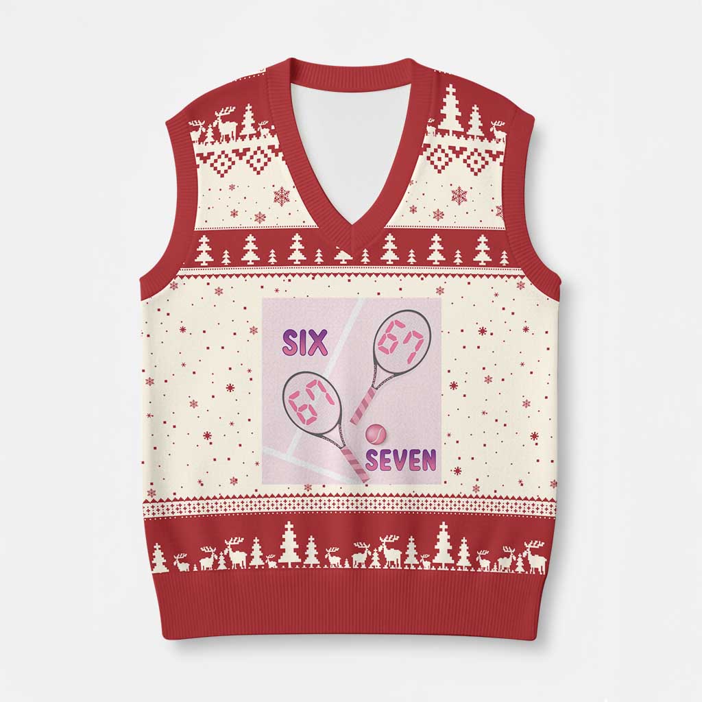 Funny Six Seven Tennis Meme V-Neck Knit Sweater Vest Valentine For Women TS12 Beige Red Print Your Wear