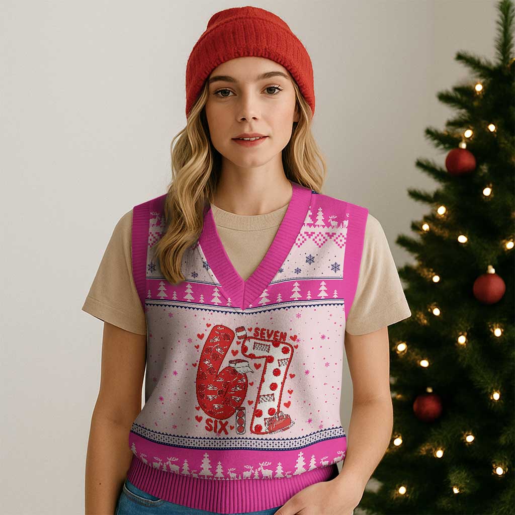 Six Seven Tennis Meme V-Neck Knit Sweater Vest Funny Gen Alpha Valentine TS12 Hot Pink Print Your Wear