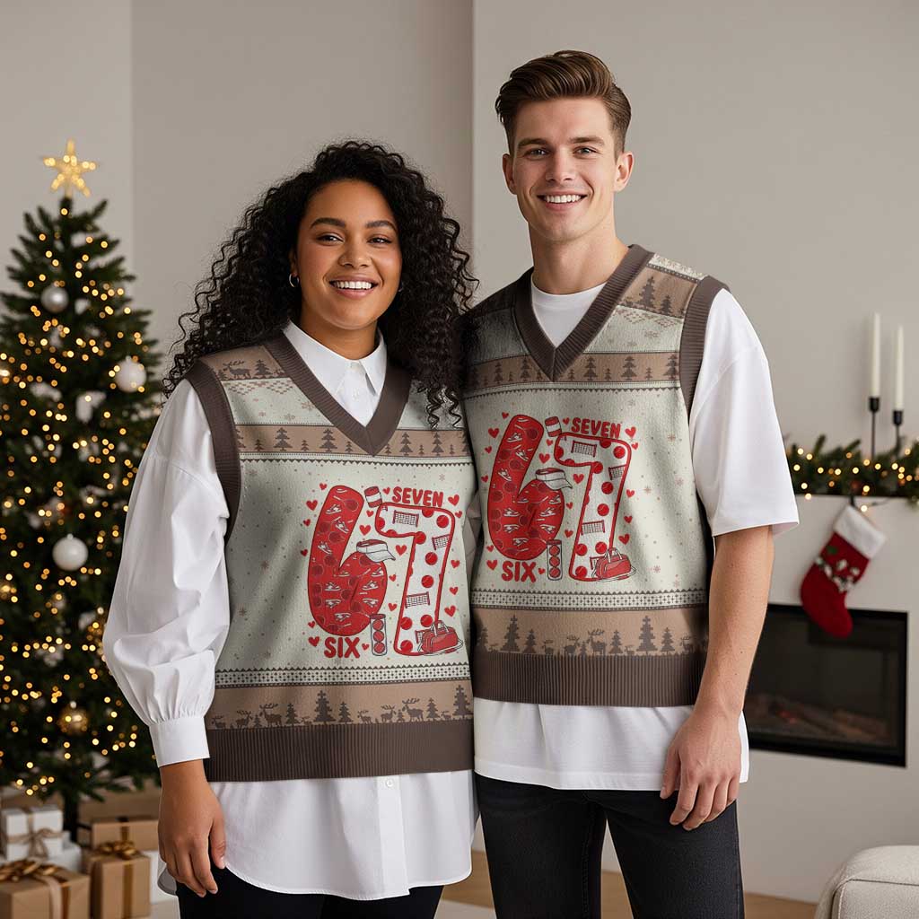 Six Seven Tennis Meme V-Neck Knit Sweater Vest Funny Gen Alpha Valentine TS12 Mocha Mousse Print Your Wear