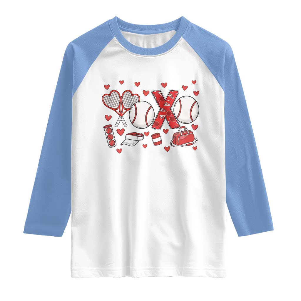 Cute XOXO Tennis Player Raglan Shirt Valentines Tennis Gift TS12 White Carolina Blue Print Your Wear
