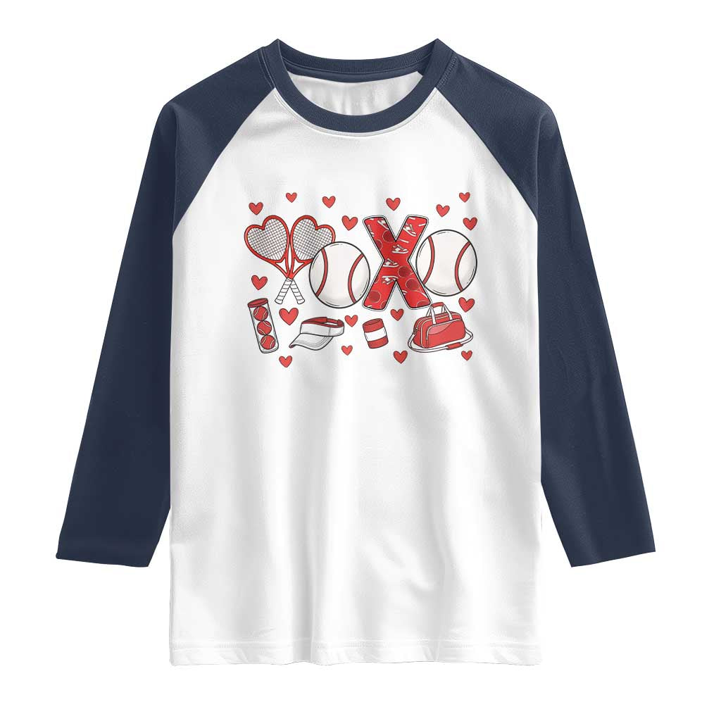 Cute XOXO Tennis Player Raglan Shirt Valentines Tennis Gift TS12 White Navy Print Your Wear