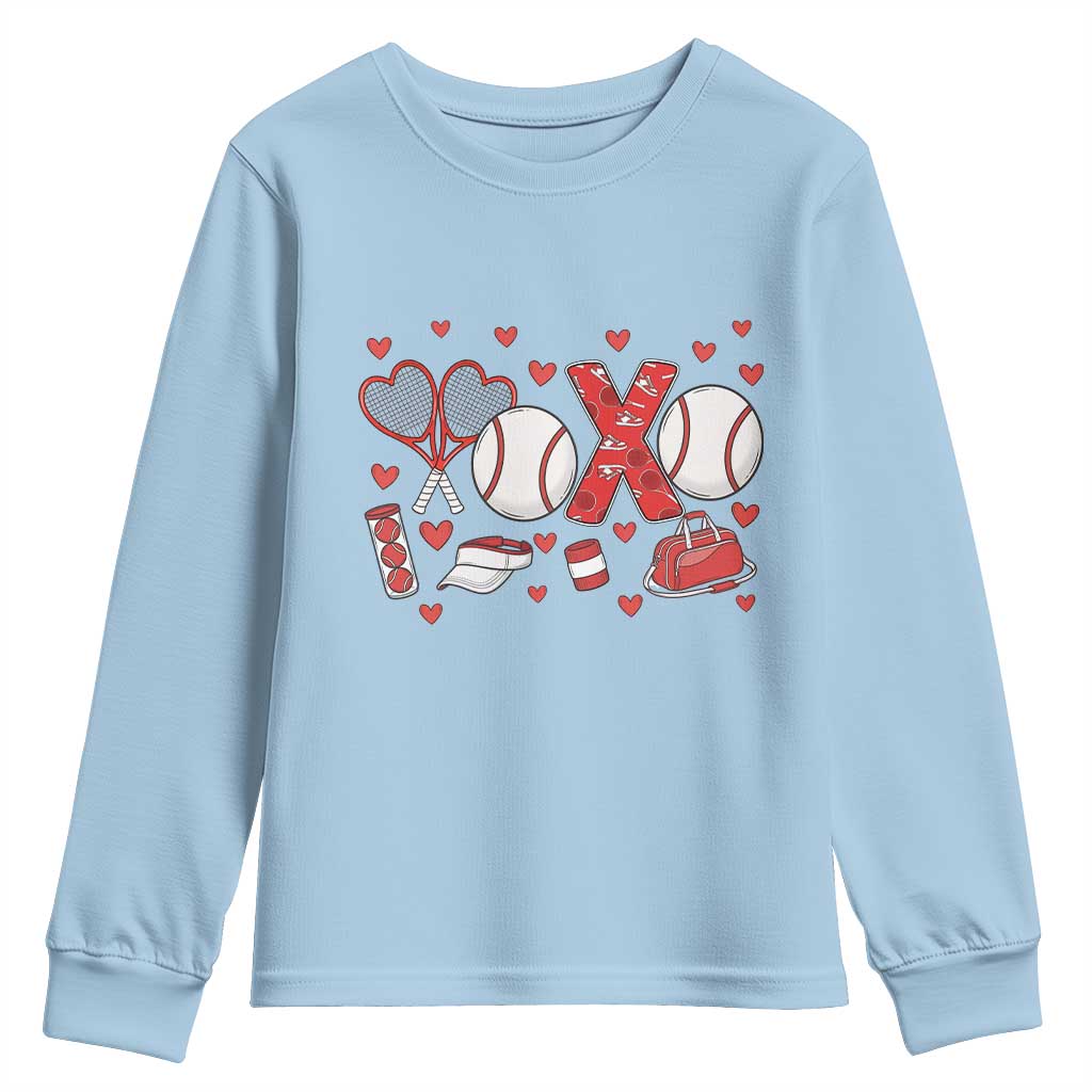 Cute XOXO Tennis Player Youth Sweatshirt Valentines Tennis Gift TS12 Light Blue Print Your Wear