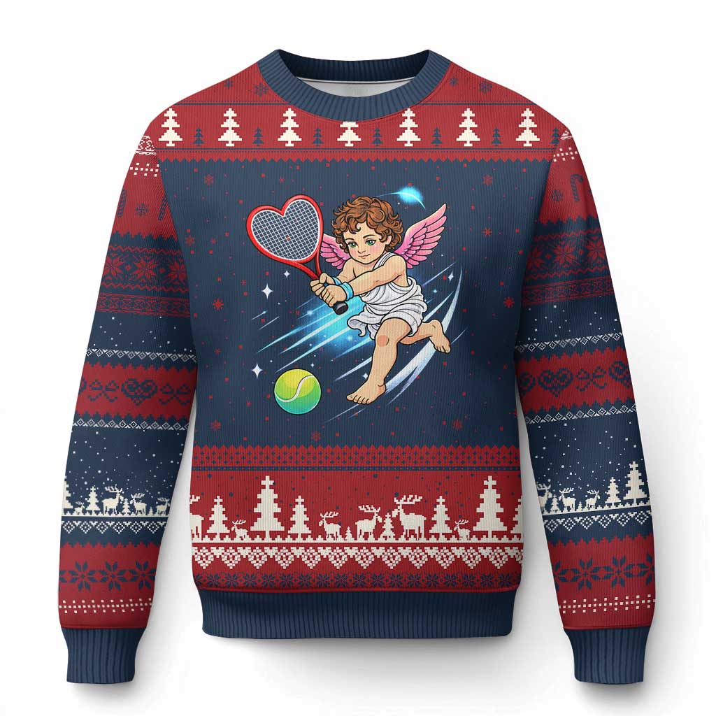 Funny Cupid Tennis Player Ugly Christmas Sweater Valentines Day Gift TS12 Navy Red Print Your Wear