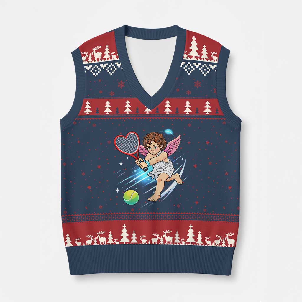 Funny Cupid Tennis Player V-Neck Knit Sweater Vest Valentines Day Gift TS12 Navy Red Print Your Wear