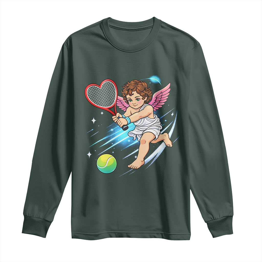 Funny Cupid Tennis Player Long Sleeve Shirt Valentines Day Gift TS12 Dark Forest Green Print Your Wear
