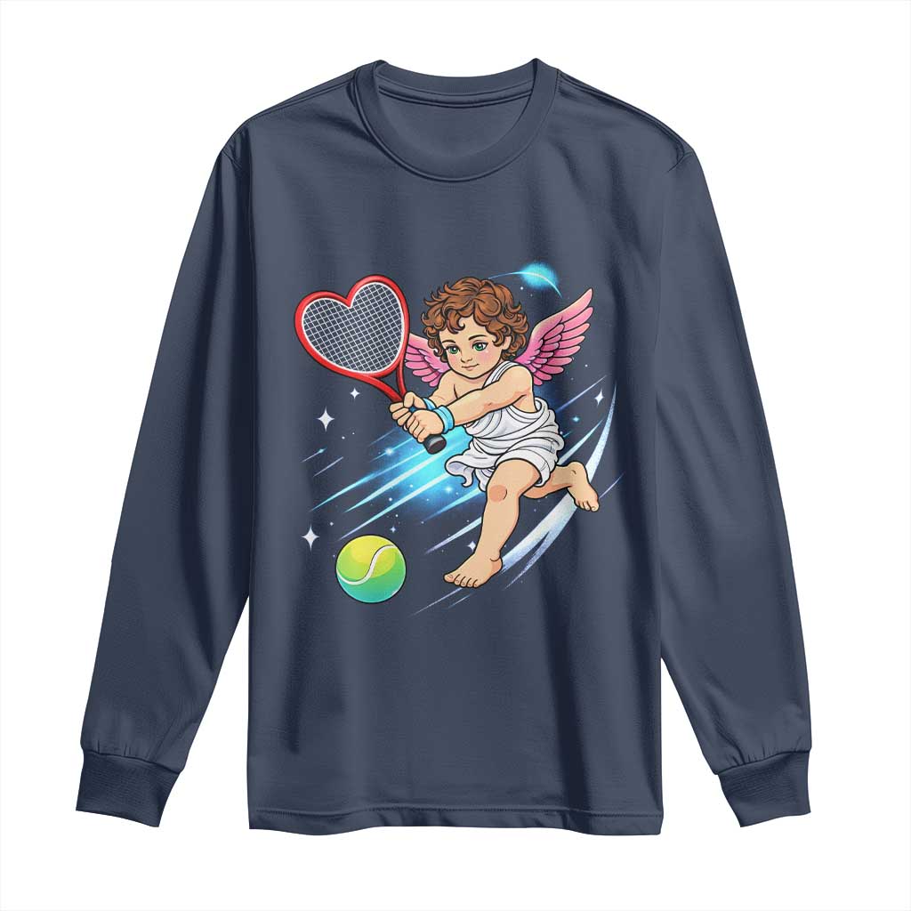 Funny Cupid Tennis Player Long Sleeve Shirt Valentines Day Gift TS12 Navy Print Your Wear