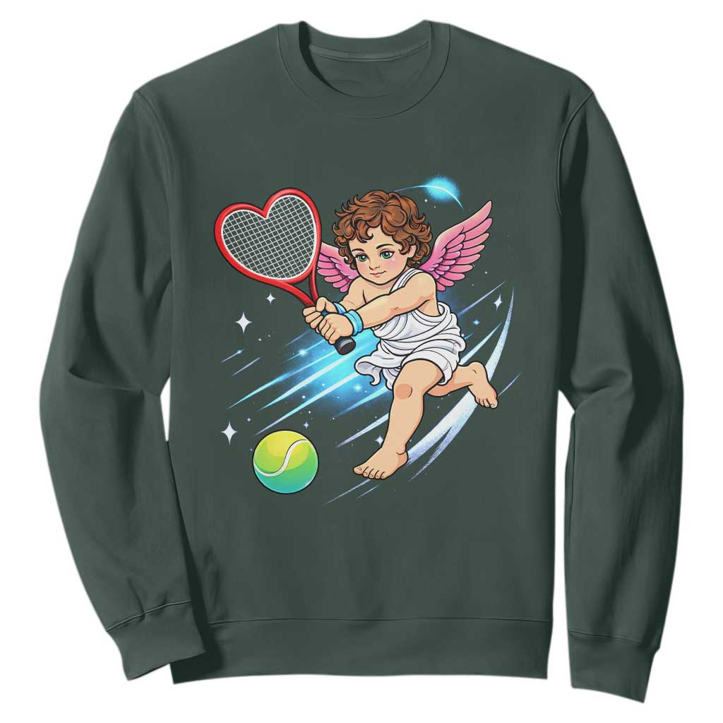 Funny Cupid Tennis Player Sweatshirt Valentines Day Gift TS12 Dark Forest Green Print Your Wear