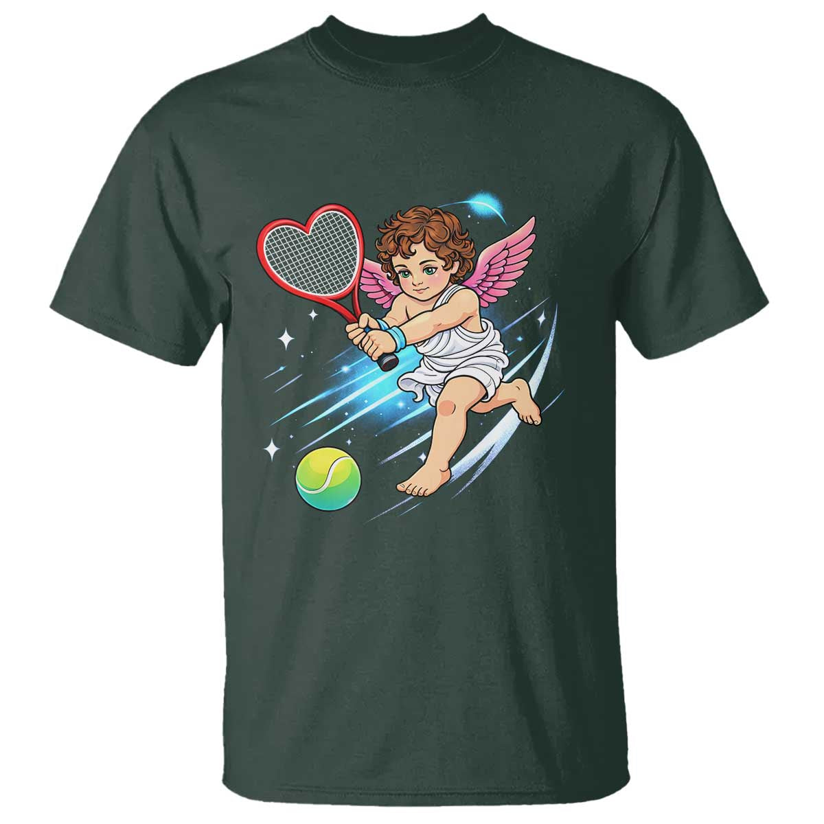 Funny Cupid Tennis Player T Shirt Valentines Day Gift TS12 Dark Forest Green Print Your Wear