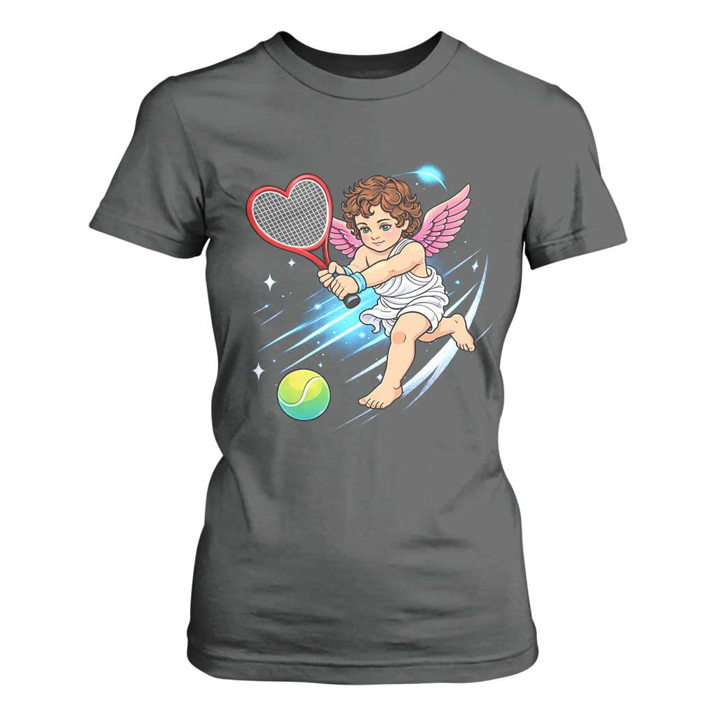 Funny Cupid Tennis Player T Shirt For Women Valentines Day Gift TS12 Dark Heather Print Your Wear