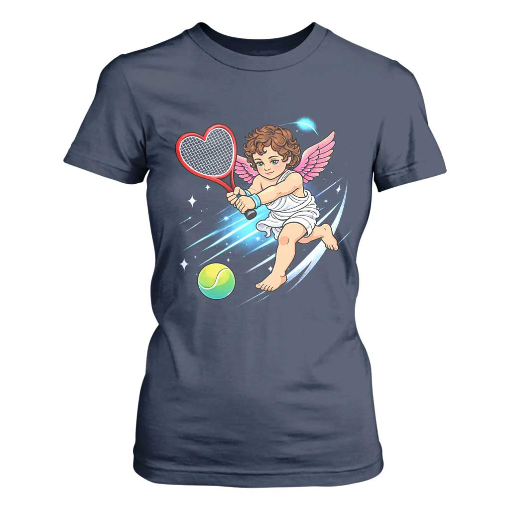 Funny Cupid Tennis Player T Shirt For Women Valentines Day Gift TS12 Navy Print Your Wear
