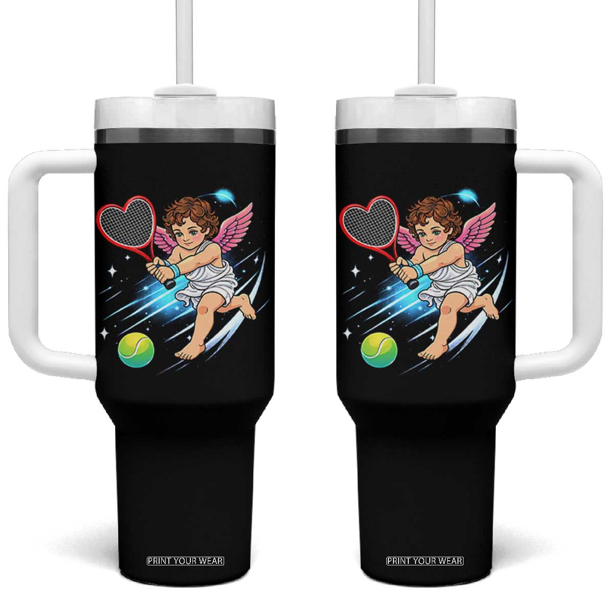 Funny Cupid Tennis Player Tumbler With Handle Valentines Day Gift TS12 One Size: 40 oz Black Print Your Wear