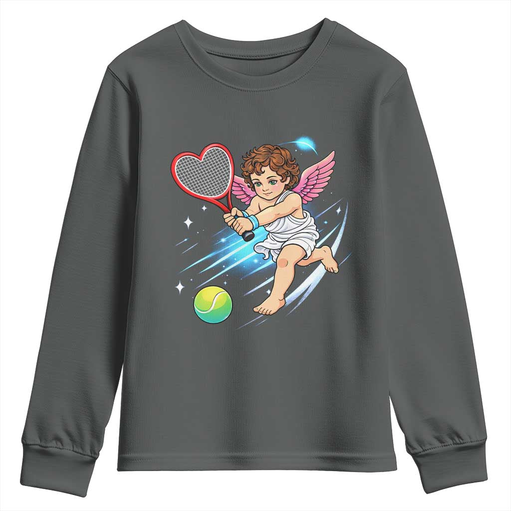 Funny Cupid Tennis Player Youth Sweatshirt Valentines Day Gift TS12 Dark Heather Print Your Wear