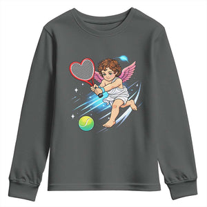 Funny Cupid Tennis Player Youth Sweatshirt Valentines Day Gift TS12 Dark Heather Print Your Wear